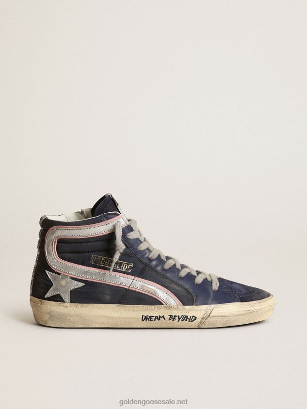 Slide LTD sneakers in blue nylon with silver metallic leather star and flash FN20N269 Women Golden Goose