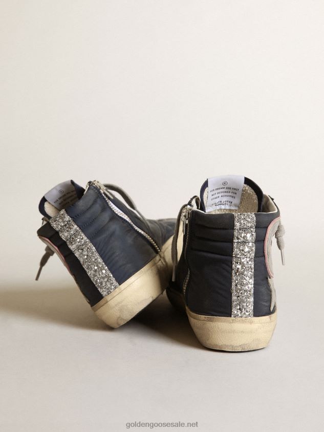 Slide LTD sneakers in blue nylon with silver metallic leather star and flash FN20N269 Women Golden Goose