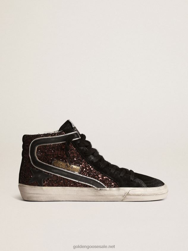 Slide in brown glitter with black leather star and flash FN20N181 Women Golden Goose