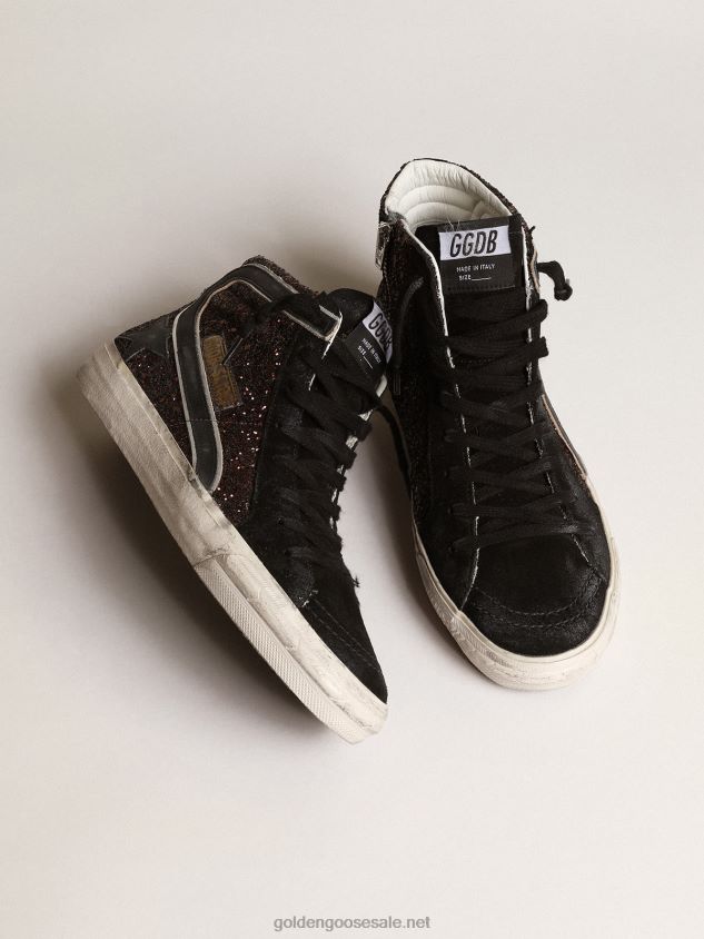 Slide in brown glitter with black leather star and flash FN20N181 Women Golden Goose