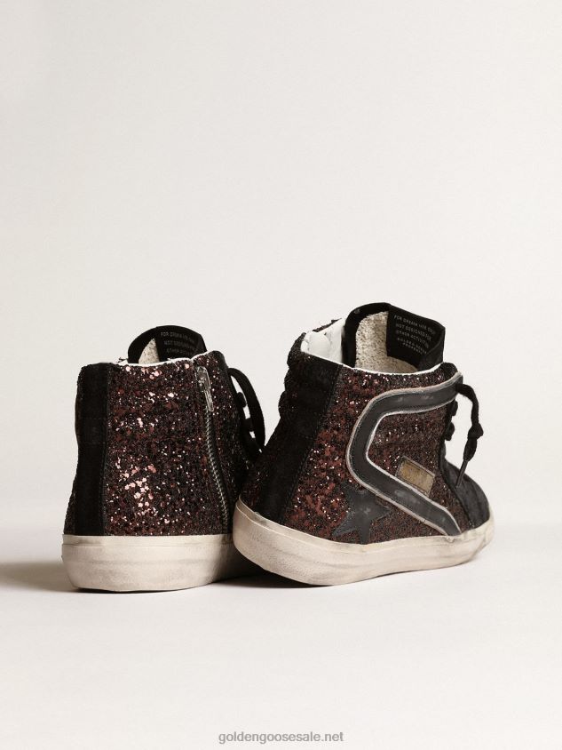 Slide in brown glitter with black leather star and flash FN20N181 Women Golden Goose
