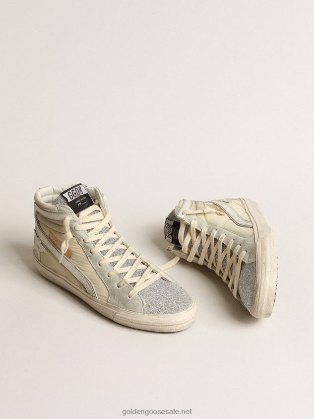 Slide in ivory nylon with white leather star and flash FN20N162 Women Golden Goose
