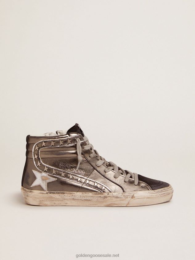 Slide sneakers with silver laminated leather upper and star-shaped studs FN20N108 Women Golden Goose