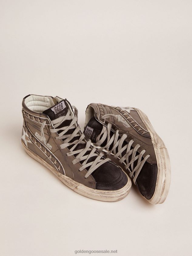 Slide sneakers with silver laminated leather upper and star-shaped studs FN20N108 Women Golden Goose