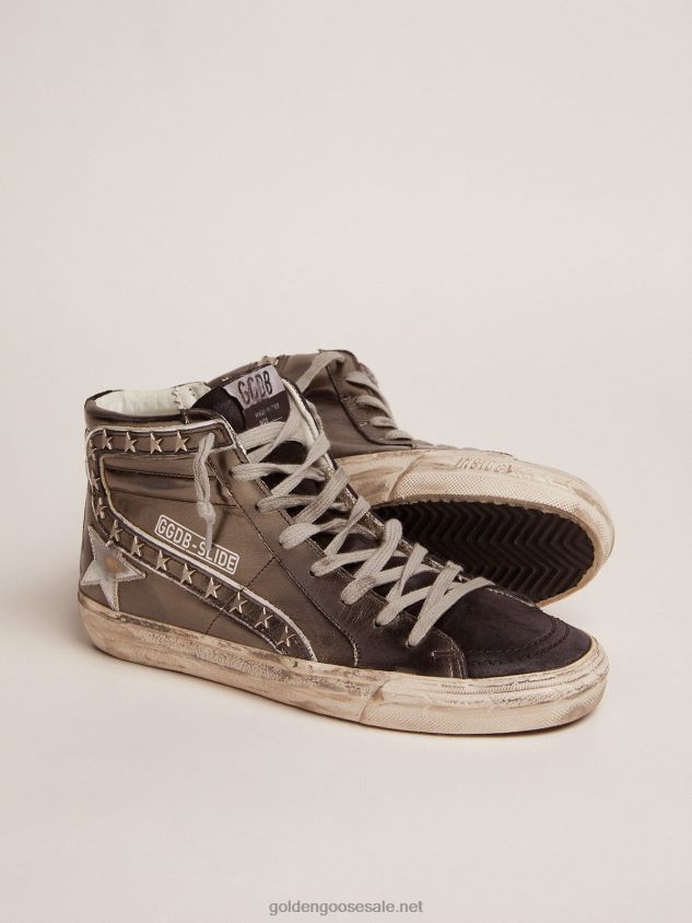 Slide sneakers with silver laminated leather upper and star-shaped studs FN20N108 Women Golden Goose