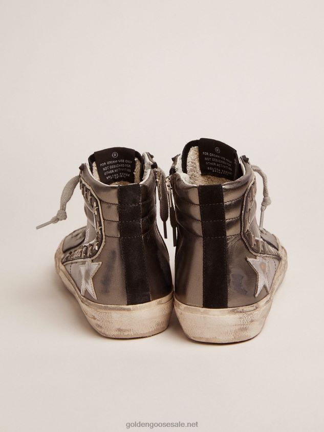 Slide sneakers with silver laminated leather upper and star-shaped studs FN20N108 Women Golden Goose