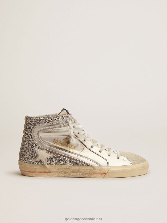 Slide sneakers with upper in laminated leather and silver glitter FN20N69 Women Golden Goose