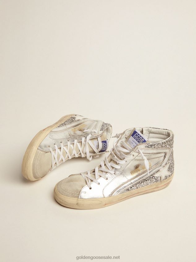 Slide sneakers with upper in laminated leather and silver glitter FN20N69 Women Golden Goose