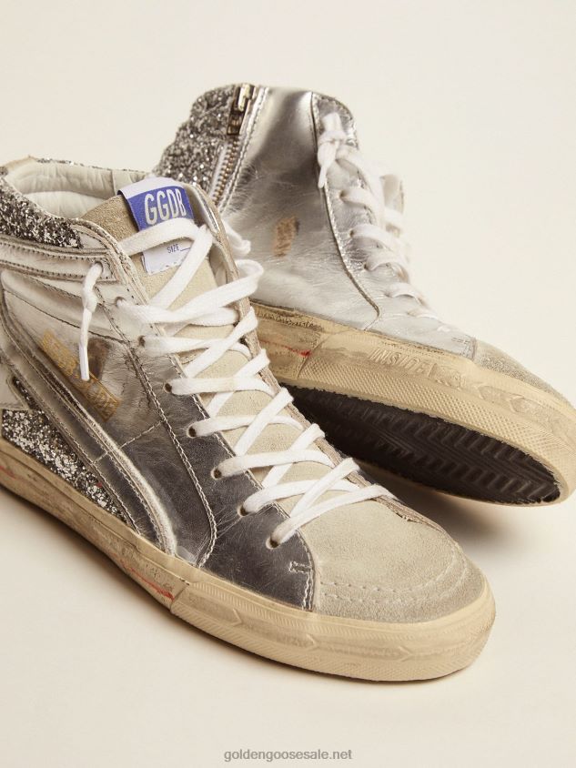 Slide sneakers with upper in laminated leather and silver glitter FN20N69 Women Golden Goose