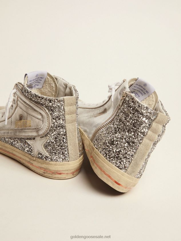 Slide sneakers with upper in laminated leather and silver glitter FN20N69 Women Golden Goose