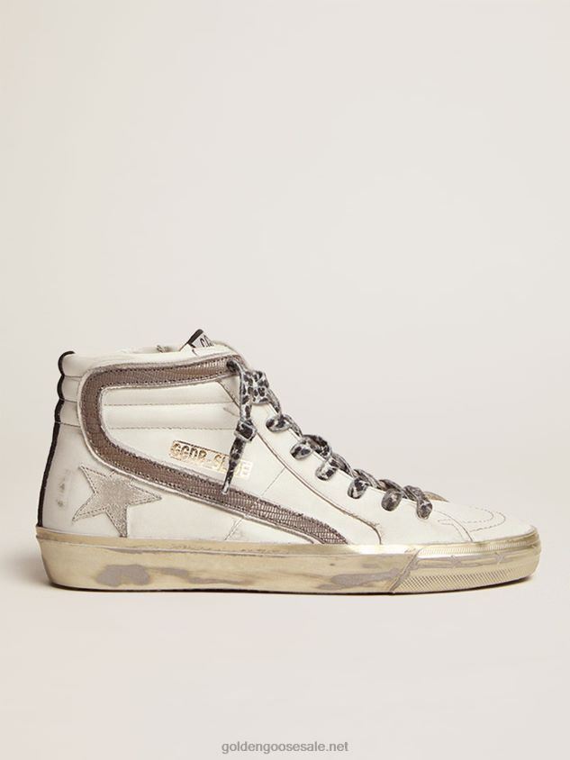 Slide sneakers with white suede star and dove-gray lizard-print leather flash FN20N114 Women Golden Goose