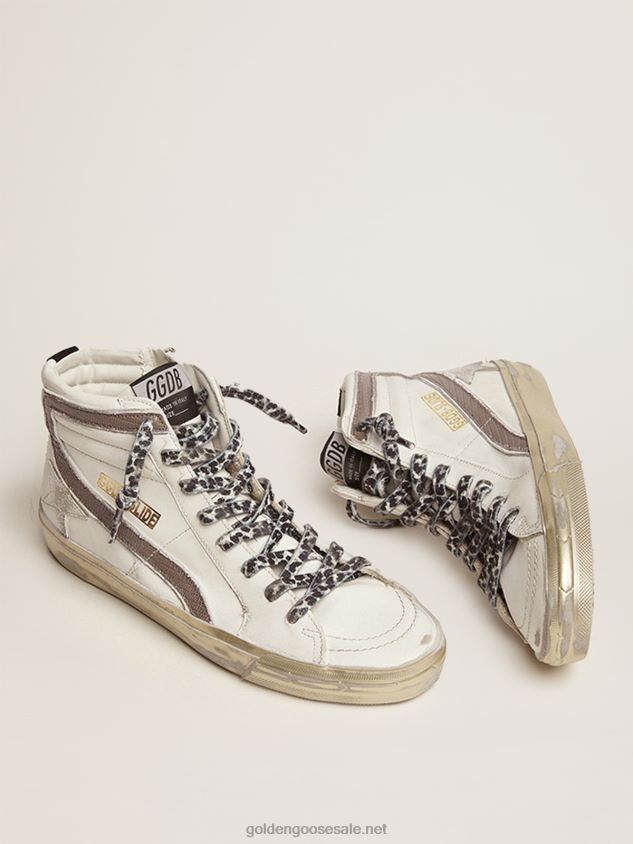 Slide sneakers with white suede star and dove-gray lizard-print leather flash FN20N114 Women Golden Goose