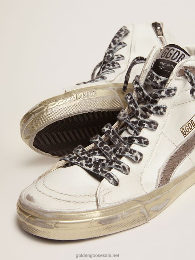 Slide sneakers with white suede star and dove-gray lizard-print leather flash FN20N114 Women Golden Goose