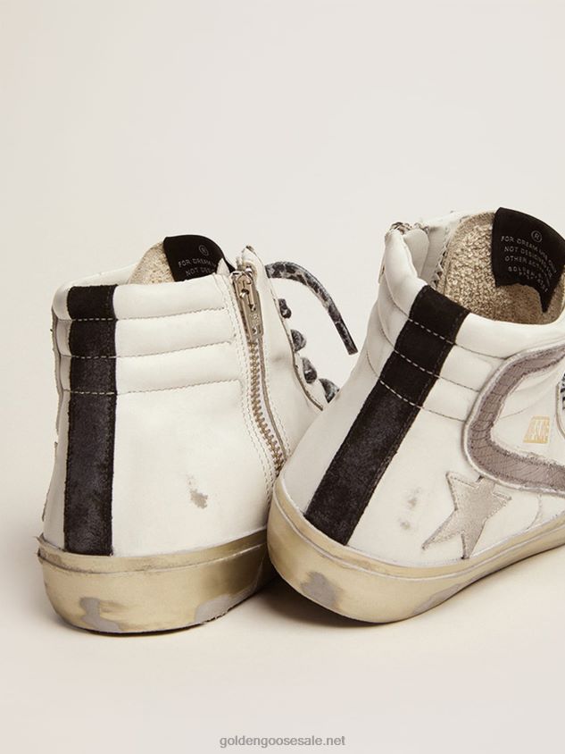 Slide sneakers with white suede star and dove-gray lizard-print leather flash FN20N114 Women Golden Goose