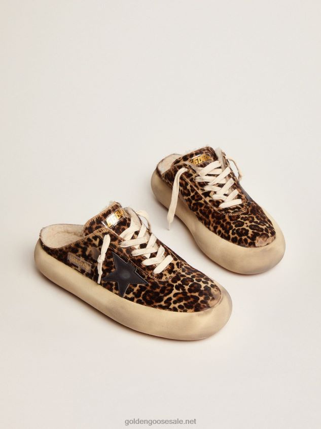 Space-Star Sabot shoes in animal-print pony skin with shearling lining FN20N72 Women Golden Goose