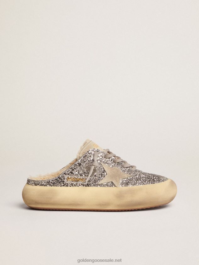 Space-Star Sabot shoes in silver glitter with shearling lining FN20N78 Women Golden Goose