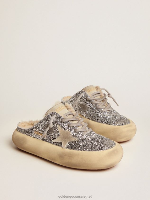 Space-Star Sabot shoes in silver glitter with shearling lining FN20N78 Women Golden Goose