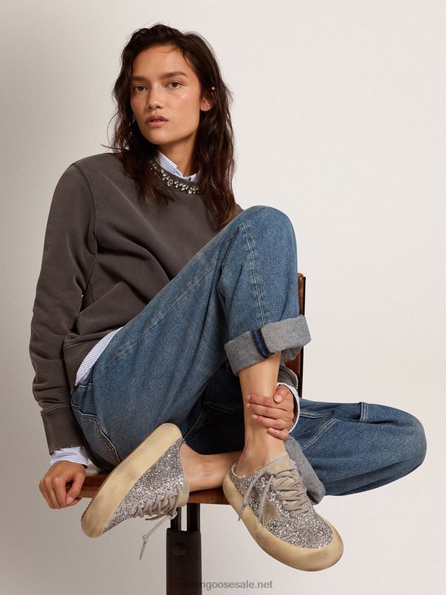Space-Star Sabot shoes in silver glitter with shearling lining FN20N78 Women Golden Goose