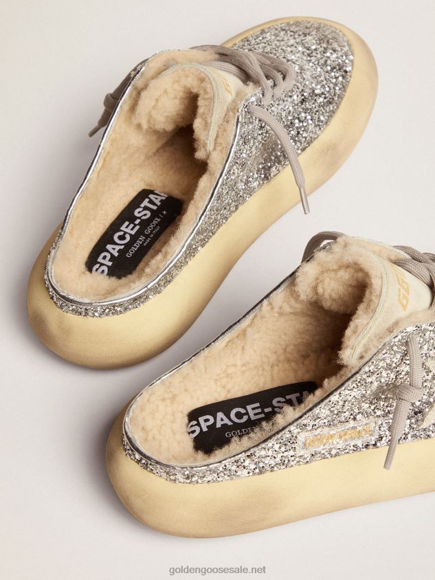 Space-Star Sabot shoes in silver glitter with shearling lining FN20N78 Women Golden Goose