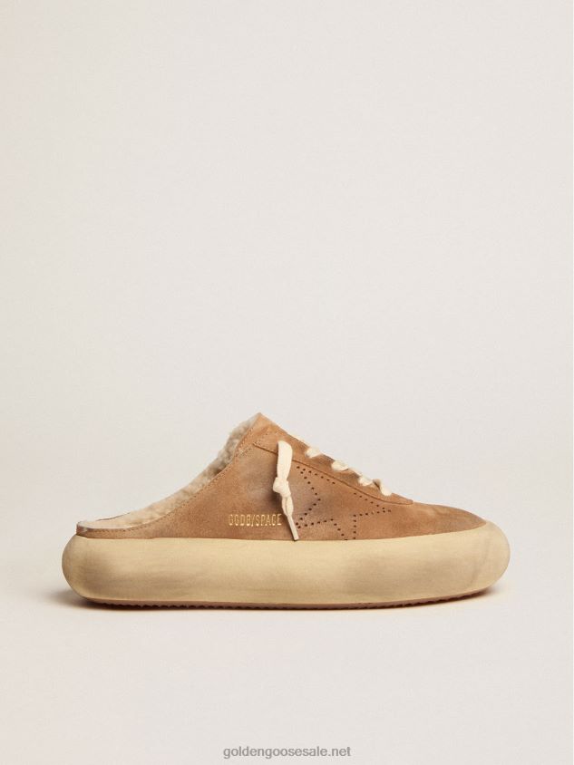 Space-Star Sabot shoes in tobacco-colored suede with shearling lining FN20N176 Women Golden Goose