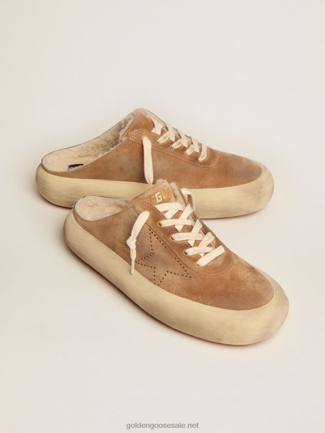 Space-Star Sabot shoes in tobacco-colored suede with shearling lining FN20N176 Women Golden Goose