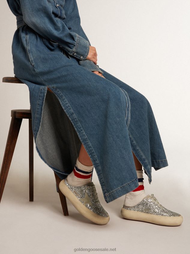 Space-Star Sabots in silver glitter with ice-gray suede star and tongue FN20N148 Women Golden Goose
