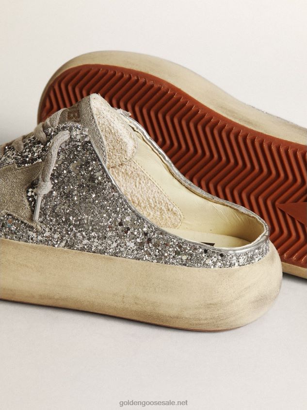 Space-Star Sabots in silver glitter with ice-gray suede star and tongue FN20N148 Women Golden Goose