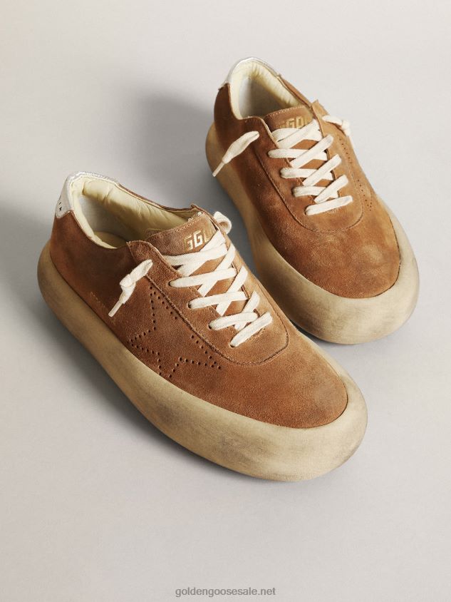 Space-Star shoes in tobacco-colored suede with perforated star and silver metallic leather heel tab FN20N236 Women Golden Goose