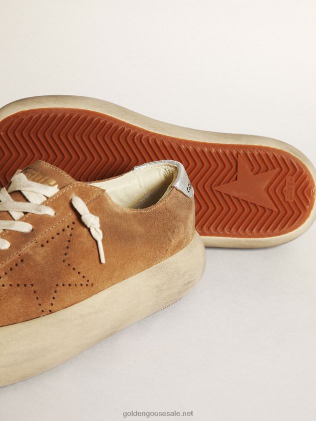 Space-Star shoes in tobacco-colored suede with perforated star and silver metallic leather heel tab FN20N236 Women Golden Goose