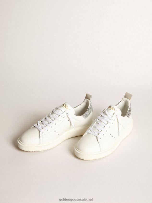 Starter sneakers in white leather with silver glitter heel tab FN20N27 Women Golden Goose