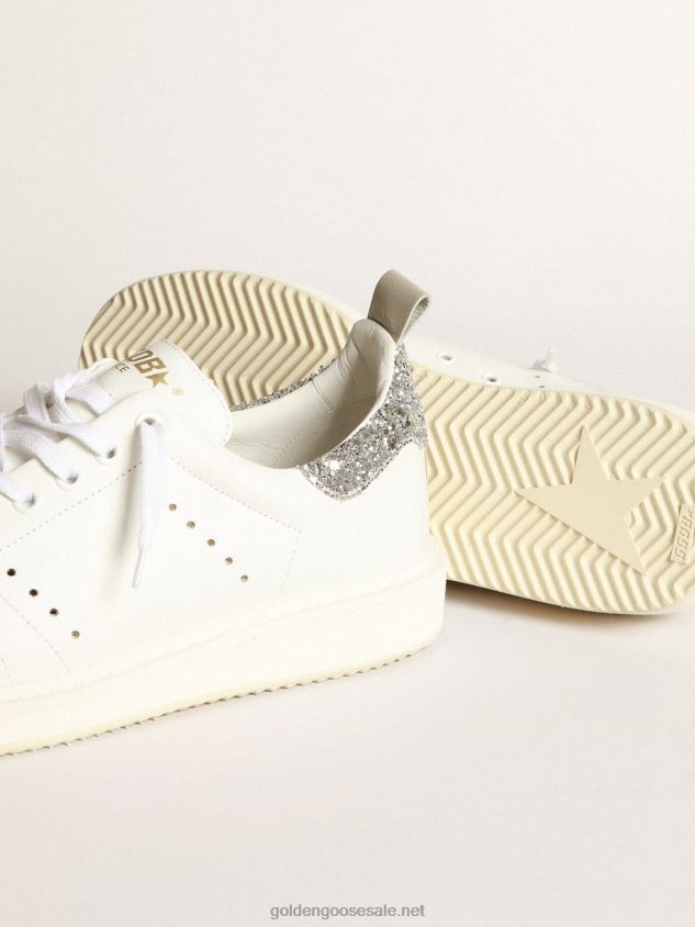 Starter sneakers in white leather with silver glitter heel tab FN20N27 Women Golden Goose