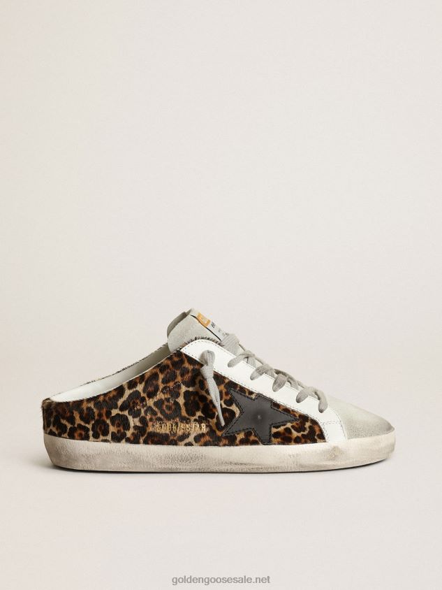 Super-Star Sabots in leopard-print pony skin with black leather star and ice-gray suede tongue FN20N15 Women Golden Goose