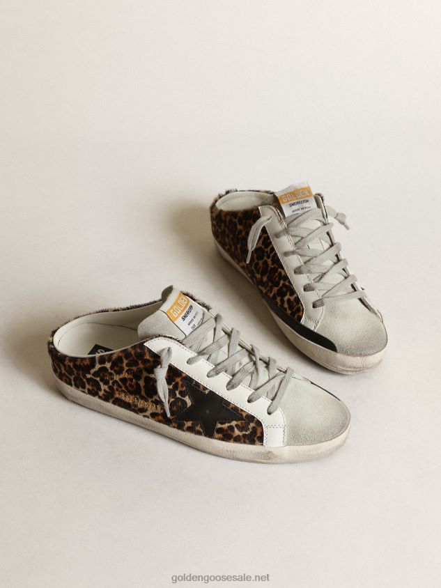 Super-Star Sabots in leopard-print pony skin with black leather star and ice-gray suede tongue FN20N15 Women Golden Goose