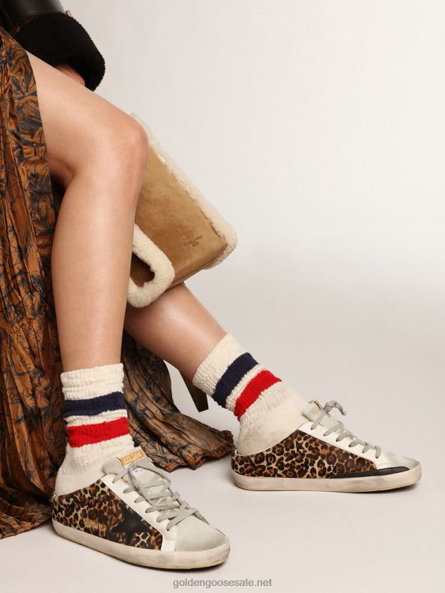 Super-Star Sabots in leopard-print pony skin with black leather star and ice-gray suede tongue FN20N15 Women Golden Goose