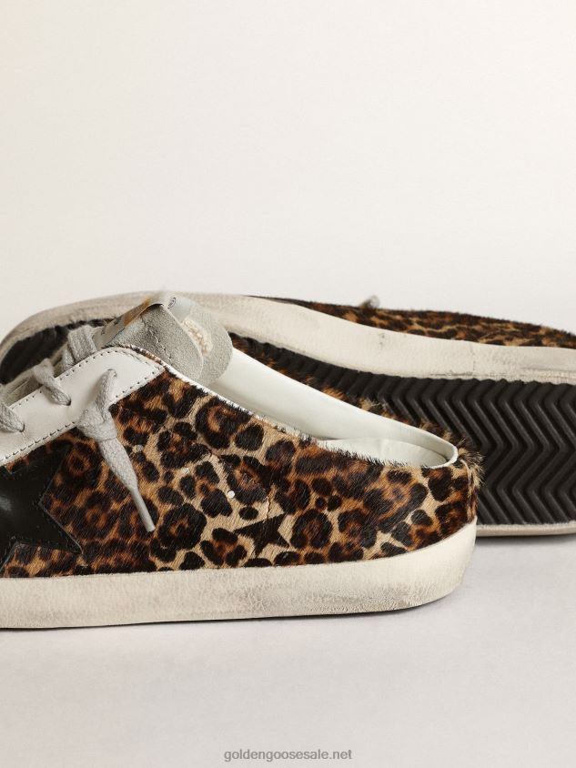Super-Star Sabots in leopard-print pony skin with black leather star and ice-gray suede tongue FN20N15 Women Golden Goose