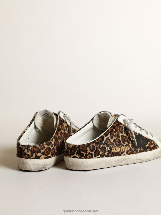 Super-Star Sabots in leopard-print pony skin with black leather star and ice-gray suede tongue FN20N15 Women Golden Goose
