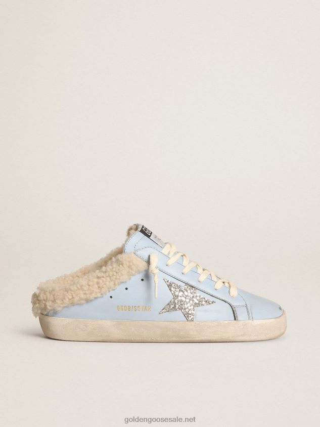 Super-Star Sabots in powder-blue leather with silver glitter star and beige shearling lining FN20N274 Women Golden Goose