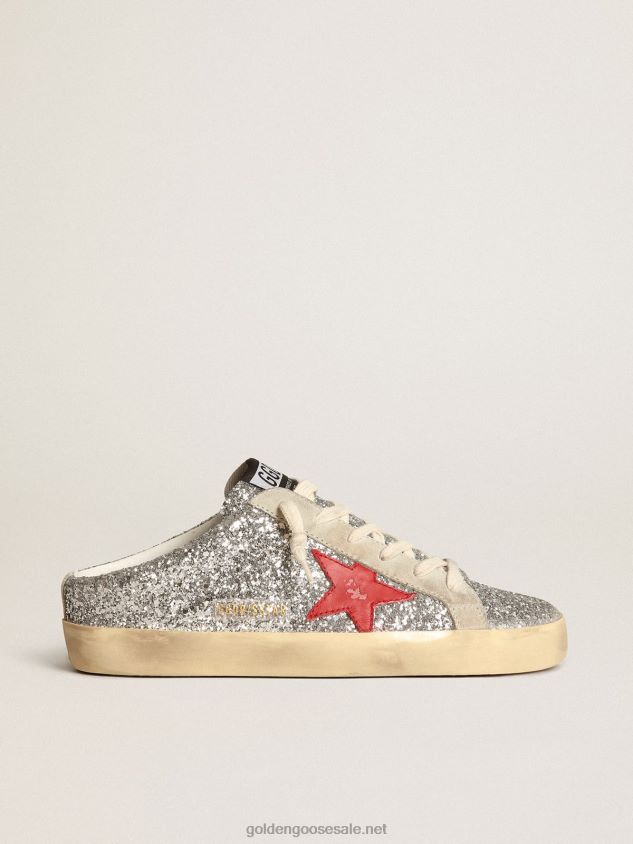 Super-Star Sabots in silver glitter with red leather star FN20N13 Women Golden Goose