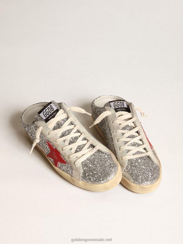 Super-Star Sabots in silver glitter with red leather star FN20N13 Women Golden Goose