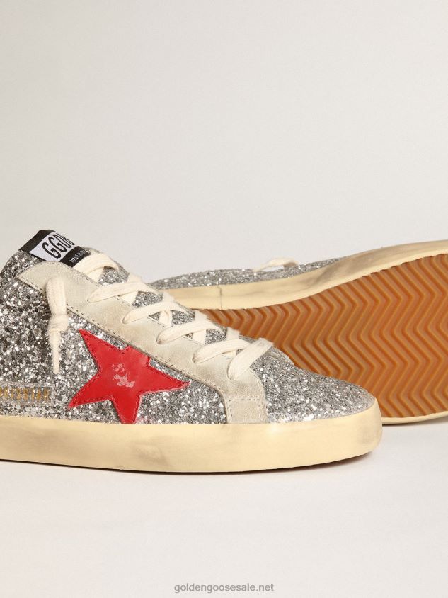 Super-Star Sabots in silver glitter with red leather star FN20N13 Women Golden Goose