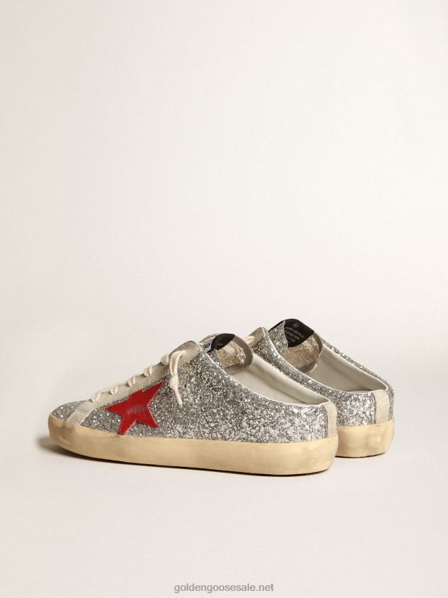 Super-Star Sabots in silver glitter with red leather star FN20N13 Women Golden Goose
