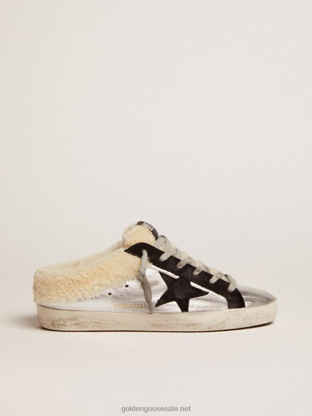 Super-Star Sabots in silver laminated leather with black suede star FN20N121 Women Golden Goose