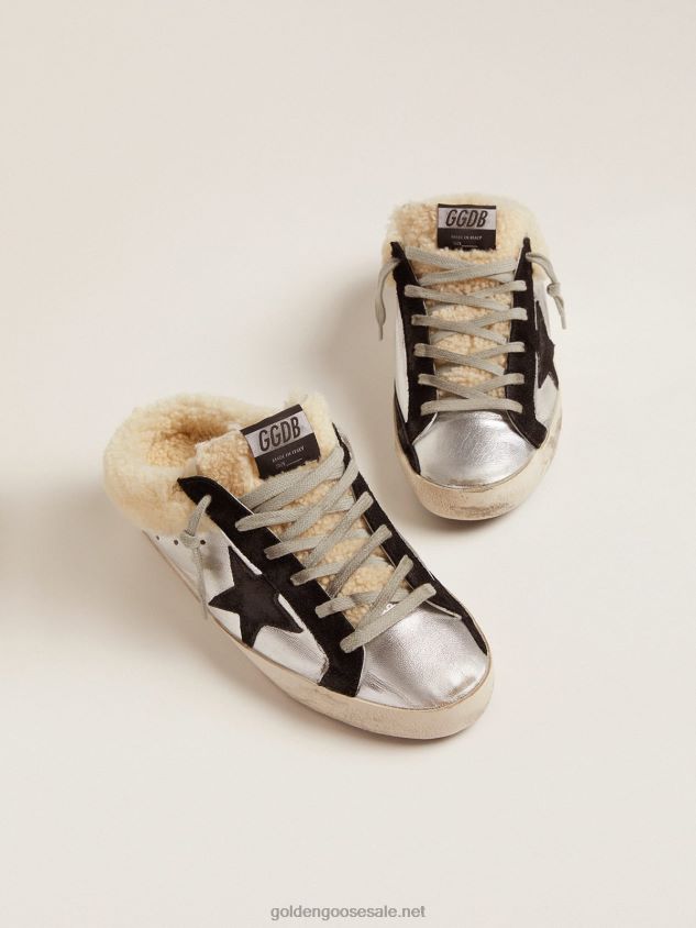 Super-Star Sabots in silver laminated leather with black suede star FN20N121 Women Golden Goose