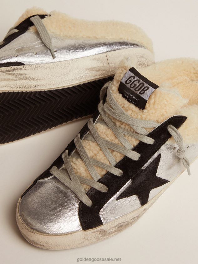 Super-Star Sabots in silver laminated leather with black suede star FN20N121 Women Golden Goose
