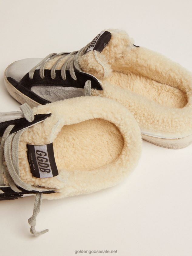 Super-Star Sabots in silver laminated leather with black suede star FN20N121 Women Golden Goose