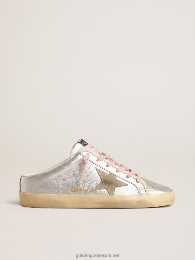 Super-Star Sabots in silver metallic leather with suede star FN20N237 Women Golden Goose