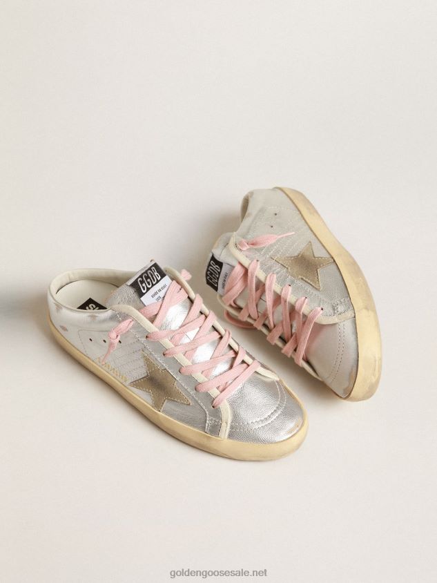 Super-Star Sabots in silver metallic leather with suede star FN20N237 Women Golden Goose