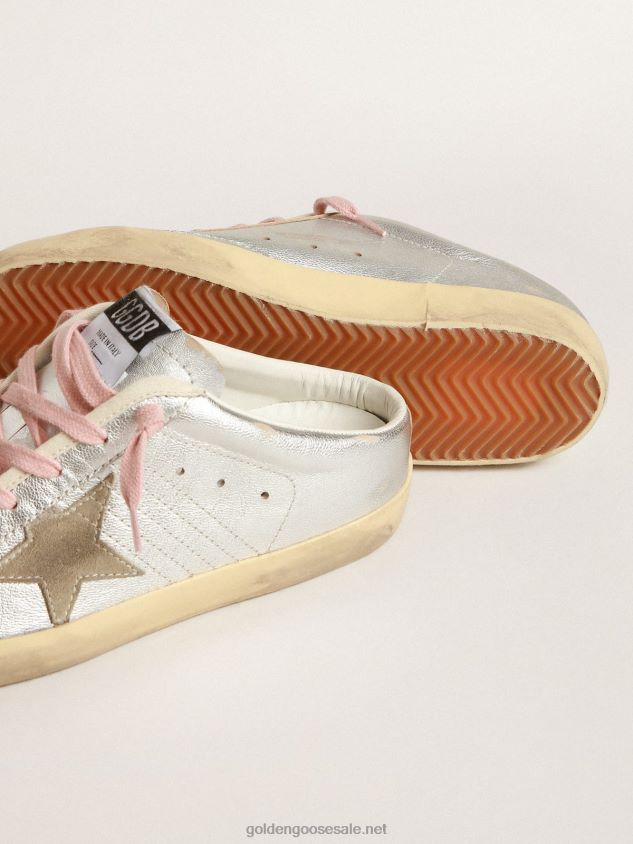 Super-Star Sabots in silver metallic leather with suede star FN20N237 Women Golden Goose