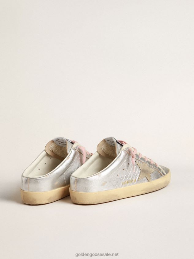 Super-Star Sabots in silver metallic leather with suede star FN20N237 Women Golden Goose