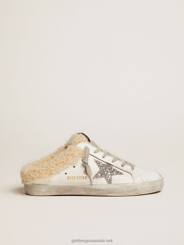 Super-Star Sabots in white leather with silver glitter star and shearling lining FN20N117 Women Golden Goose